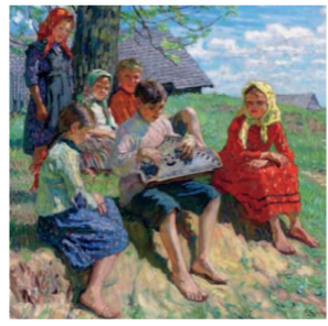 Играющий на гуслях мальчик с картины Н.П. Богданова-Бельского сидит…