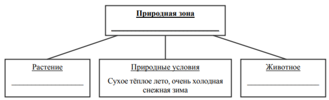 Заполните пустые ячейки на схеме, выбрав необходимые слова из приведённого списка. Верблюд, тайга, саксаул, песец, ель, тундра, дуб, глухарь, степь.