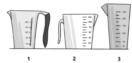 Для приготовления пудинга Маше нужно отмерить 140 мл молока. На рисунке изображены три мерных стакана. Чему равна цена деления того стакана, который подойдёт Маше для того, чтобы наиболее точно отмерить нужный объём?