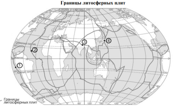 Определите, в какой из обозначенных на карте цифрами точек на границе литосферных плит происходит процесс образования подводных гор.