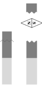 Часть постоянного магнита, которая соответствует его северному полюсу, обычно окрашивают в более тёмный цвет. Длинный полосовой магнит случайно уронили на пол, из-за чего он раскололся на две неравные части так, как показано на рисунке слева. В каком положении установится магнитная стрелка, помещённая между этими осколками (см. рисунок справа)? Ответ кратко поясните.