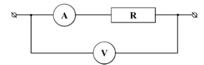 Для измерения сопротивления резистора R собрана электрическая цепь, схема которой показана на рисунке. Чему равно сопротивление R резистора, если вольтметр V показывает напряжение UV = 5 В, а амперметр А − ток IА = 200 мА? Внутреннее сопротивление вольтметра RV = 3,5 кОм, амперметра − RА = 5 Ом.