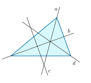 На рисунке изображён треугольный коврик, на котором проведены его ось симметрии и несколько других прямых. Какая из прямых является осью симметрии треугольного коврика? Выберите верный вариант ответа.